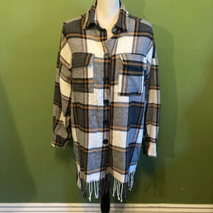 Women's K Grey White Tan Plaid Wool Blend Fringe oversized Utility Jacket S